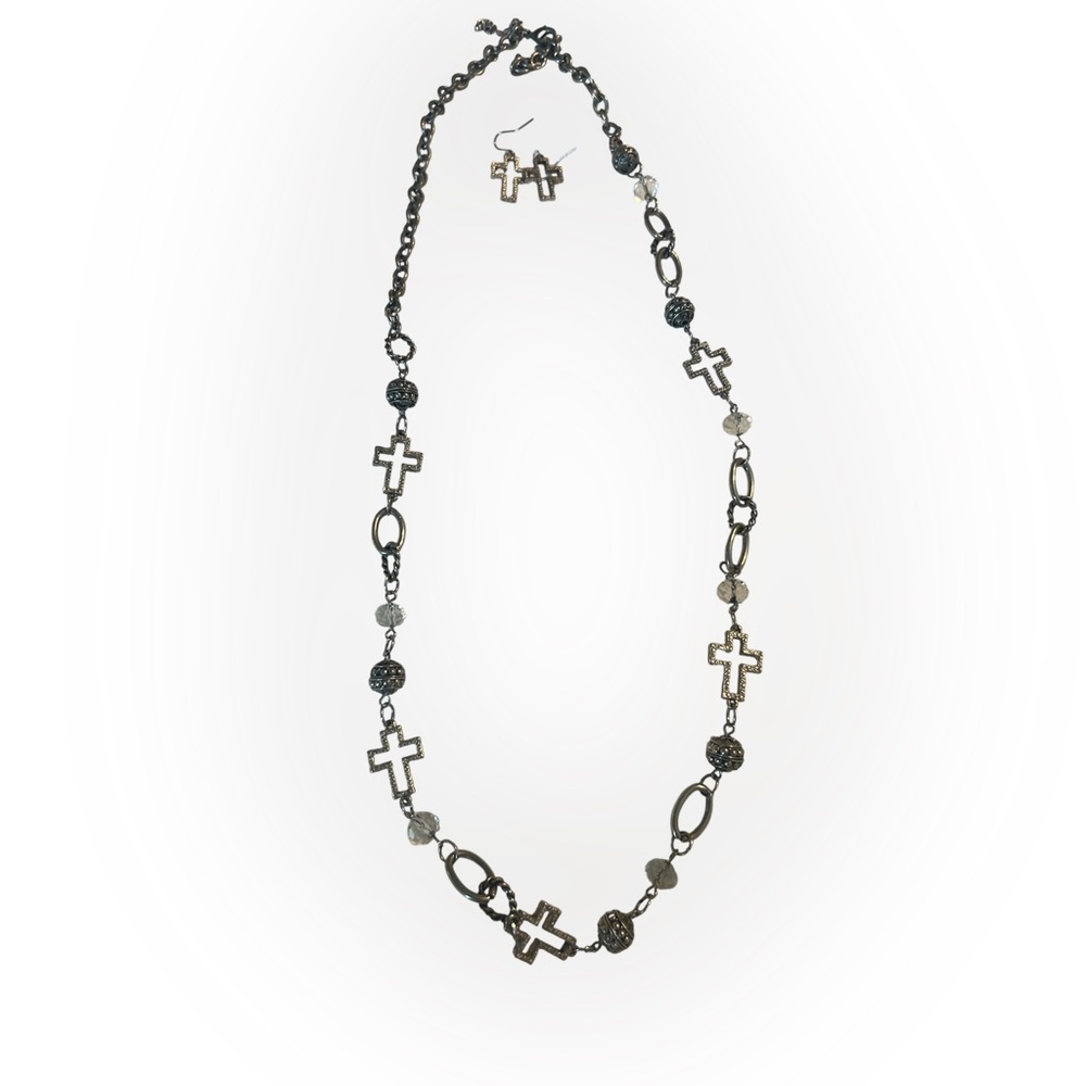 Beaded and cross Silver tone adjustable chain Necklace and earrings set